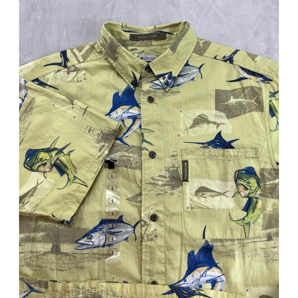 Columbia Field Gear Shirt Men Large Multicolor River Lodge Slit Swordfish Print